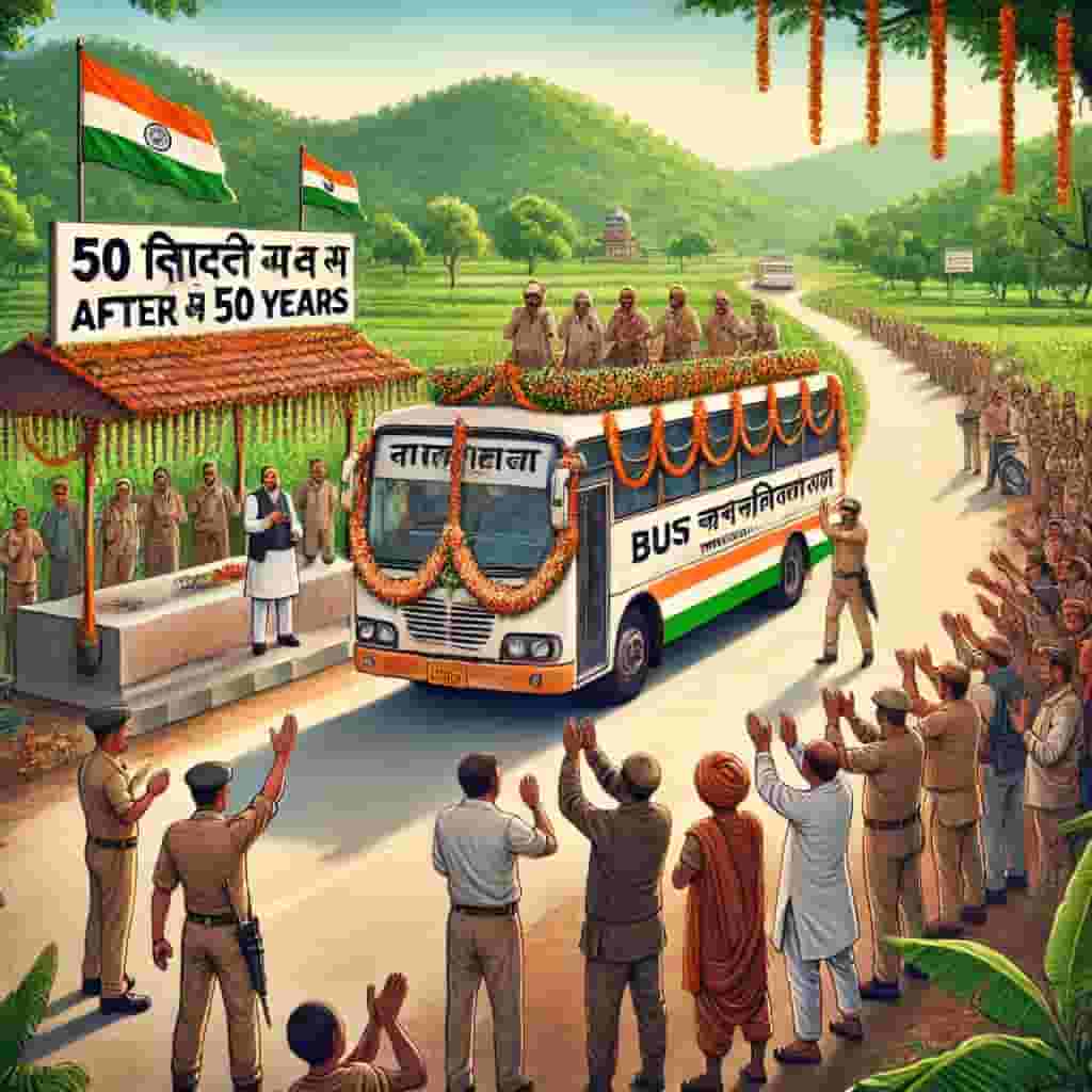 DALL·E 2025 03 03 19.03.40 A symbolic image of a newly launched bus service in Pamed, a former Naxalite stronghold in India, after 50 years. The scene shows a decorated governme